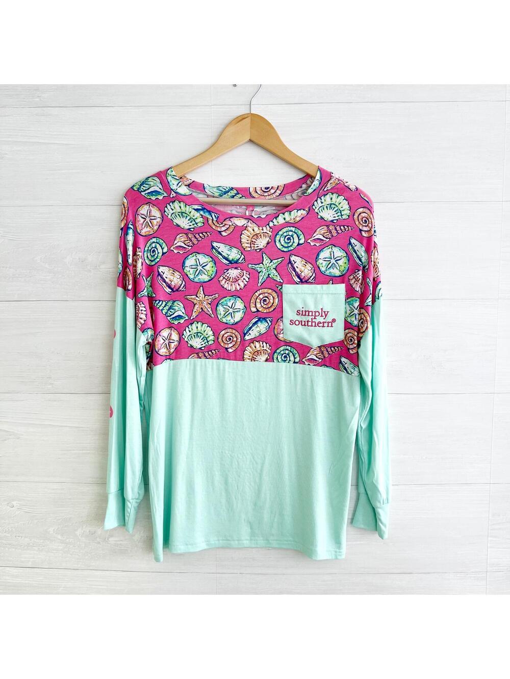 NWT Simply Southern - Aqua pink Shell print Stay Salty jersey long sleeve top, S